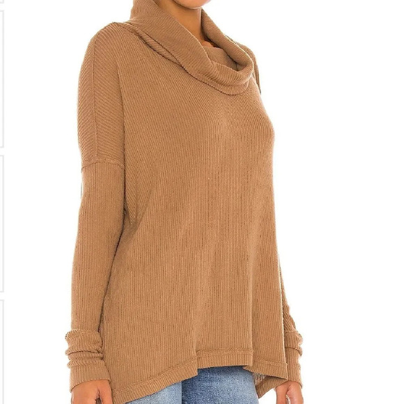 Free People Brown Sweater Off the Shoulder Cowl Neck Knit Ribbed Top Shirt Tan - Picture 4 of 10
